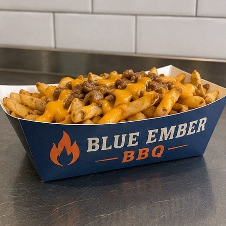 Custom-printed loaded fry boat paperboard tray